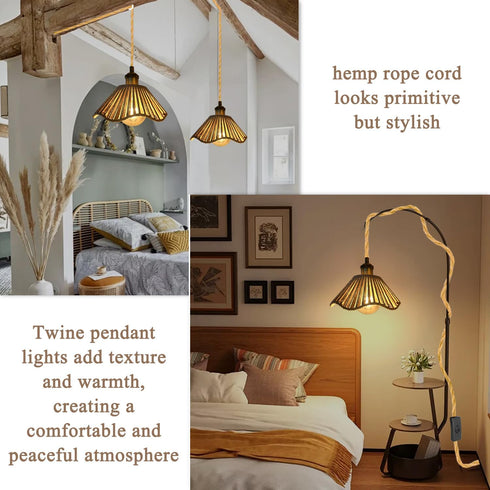 FEYAIM E26/E27 16.7ft Bulb) Plug in Pendant Light, Socket Hanging Lights, Hand Woven Hemp Rope Shade Cable with Switch