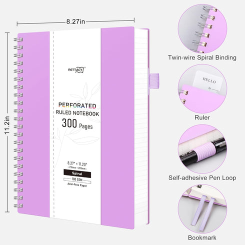 RETTACY Spiral Notebook - A4 College Ruled Notebook with 300 Perforated Pages, Journal Notebook for School, Work, Writing, 100 GSM Paper, Twin-Wire Binding, Inner Pocket, 8.27" × 11.2" (Lilac) by RETTACY