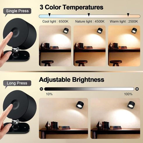 3 360Rotation Dimmable (2-Pack) LED Wall Mounted Lights, Rechargeable Battery Operated Wall Sconces Lamp Colors Temps