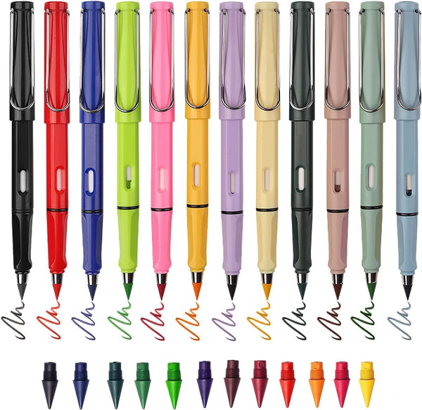 Inkless Magic Pencil Infinity, Inkless Pencil with Eraser, 12PCS Mixed + 12PCS Color Pencil Tips for Kids