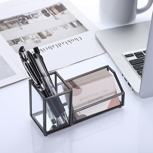 Hipiwe Glass Business Card Holder, Metal Pen Pencil Storage for Desk, Clear Business Card Display Organizer (Black)