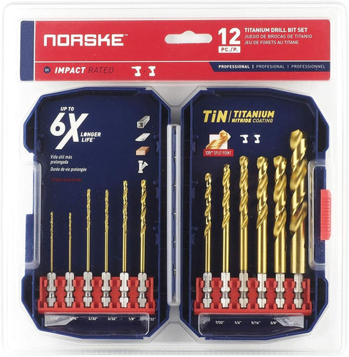 Norske Tools NIDBP280 12pc Impact Titanium Hex Shank Drill Bit Set for Metal, Wood, Plastic
