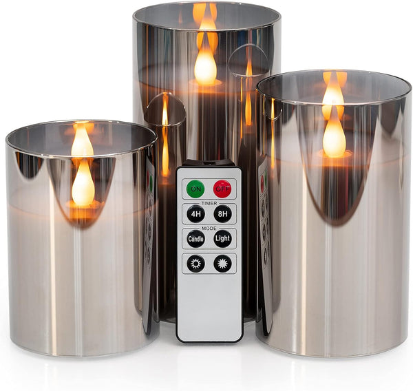 WYZworks Silver Gray Metallic LED Tinted Glass Mirrored Flameless Pillar Candles, Set of 3 with Remote Control