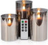 WYZworks Silver Gray Metallic LED Tinted Glass Mirrored Flameless Pillar Candles, Set of 3 with Remote Control