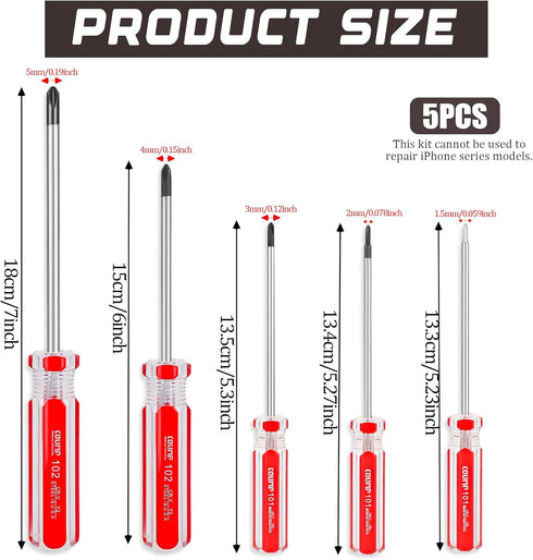 Triwing Screwdriver Set Magnetic Point Y Tip, 5 Sizes 1.5mm to 5mm, with Plastic Handle