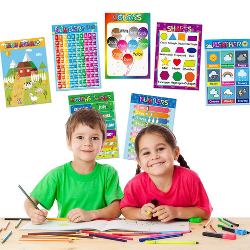 Educational Posters for Preschoolers, 12PCS Alphabet Letters, Numbers, Shapes, Colors, 11 x 16 Inch