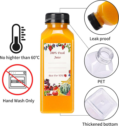 20pcs 12oz SUPERLELE Plastic Juice Bottles with Caps, Reusable Juicing Bottles, Clear Drink Containers with Lids