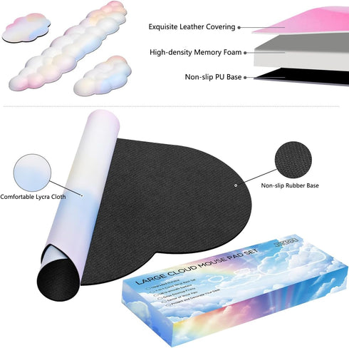 JIKIOU Set, 35.4x15.7in Large Cloud Mouse Pad Waterproof with Cloud Keyboard Wrist Pad and Cloud Mouse Wrist Pad