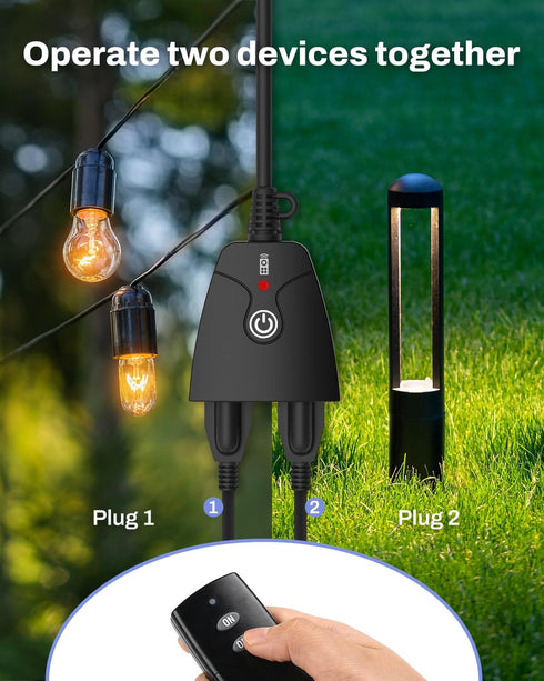 HBN Switch,6-inch Cord,100ft 2 Controls(15A,Dual 3-Prong Outdoor Wireless Remote Control Outlet Plug,Weatherproof Heavy