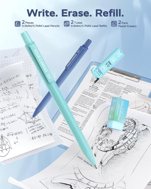Four Candies Blue School Supplies, Gel Pens with Black Ink, Correction Tapes,Pastel Highlighters, Mechanical Pencils