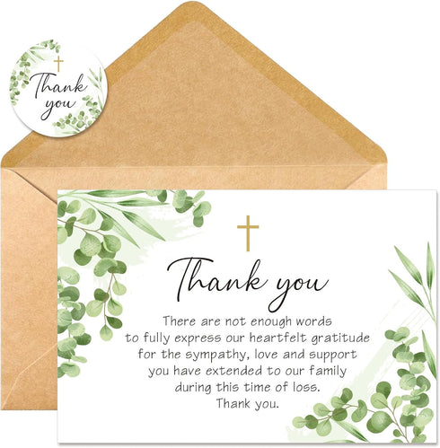 50Pcs Funeral Sympathy Thank You Cards with Envelopes and Matching Seal Stickers, Green Leaf Cross Bereavement Card