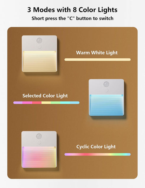 Closet 2 Packs Motion Sensor Night Light Indoor, Rechargeable Battery Operated Lights with RGB Lights, Magnetic Stick