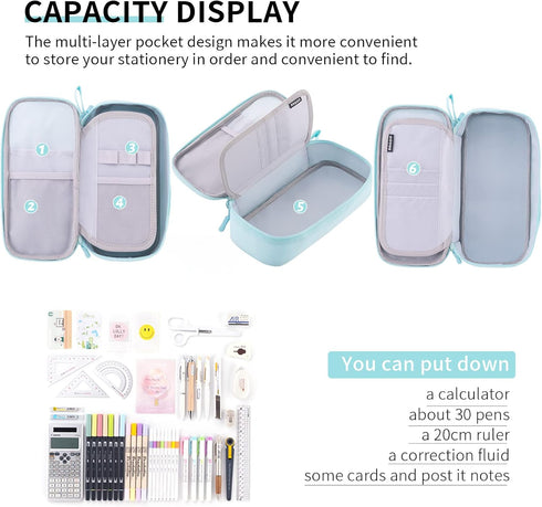 CICIMELON Durable Pencil Case, Big Storage Pen Pouch Bag for School Supplies, Office, College, Teen Adults, Light Blue