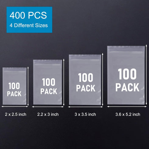 Small Plastic Bags, 400 PCS Mini Zip Lock Bags, 4 Assorted Sizes, Transparent Resealable Bags for Beads, Screws