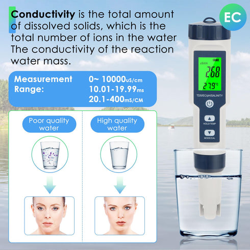 5 1 0.01 in PH Meter for Water, PH/TDS/EC/Temp/Salt Meter, Salt Tester for Saltwater Pool, Resolution High Accuracy
