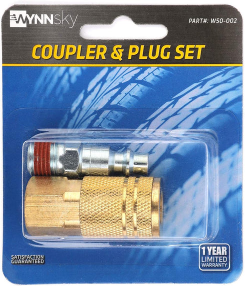 WYNNsky Air Coupler and Plug Kit, 1-pc 1/4'' FNPT Brass Coupler, 1-pc 1/4'' MNPT Zinc-Plated Steel Plug