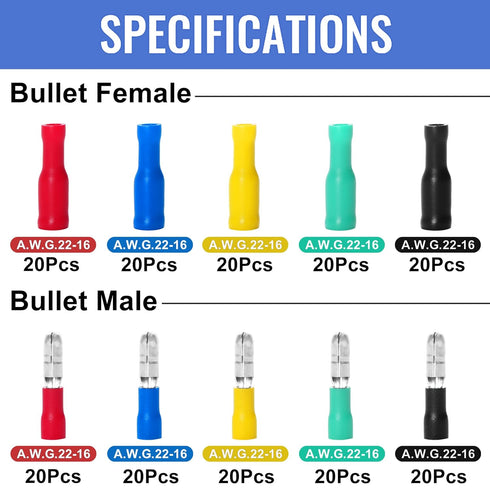 Qibaok Bullet Terminals Wire Connectors Kit, 200 PCS Female & Male Bullet Butt Insulated Waterproof