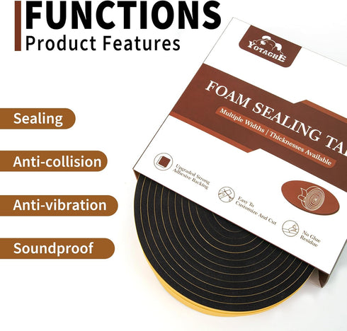 Yotache Weather Stripping Door Seal Strip 1/2" x 1/4", 2 Rolls x 13Ft, 26Ft Total Adhesive Foam Tape