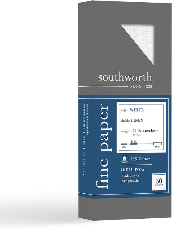 Southworth 25% Cotton #10 Envelopes, 4.125" x 9.5", 24 lb/90 GSM, Linen Finish, White - 50 Count (P554-10)