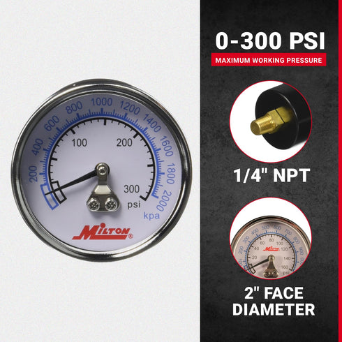 Milton High Pressure Dial Gauge, Brass, 1/4" NPT
