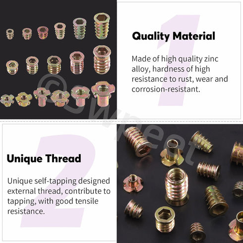 Swpeet 175Pcs M4 M5 M6 M8 M10 Metric Carbon Steel Color Zinc Plated Threaded Inserts Nuts and T-Nut 4 Pronged Tee Blind