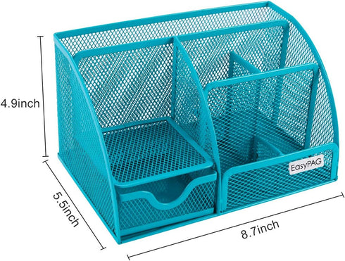 EasyPAG Desk Organizer, Blue - Mesh Desktop Caddy with 6 Compartments and 1 Drawer for Office, Home, School