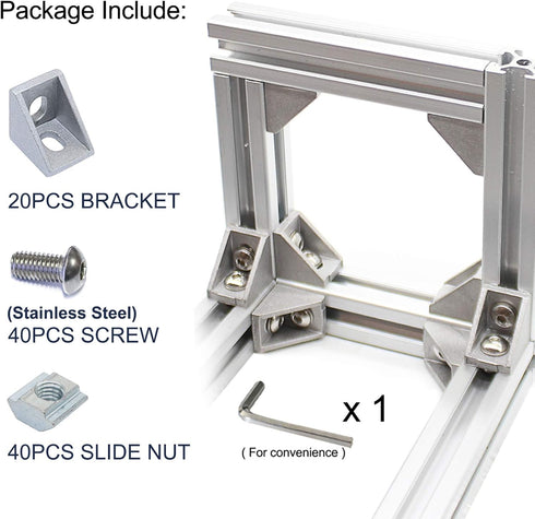 20 Sets 2020 Aluminum Extrusion T Slot Corner Bracket, 90 Degree Right Angle Connector with M5 Bolts and Nuts