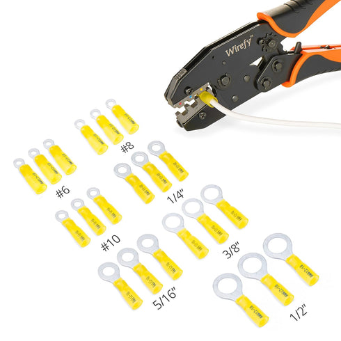 Wirefy 90 PCS Heat Shrink Ring Terminals #10 - Resistant Ring Connectors for Eyelet Wire Connectors - Yellow 10-12 AWG