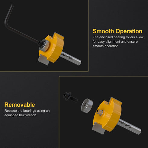 1/4 6 Set (1/8", 1/4", 5/16", 3/8", 7/16", 1/2") Shank Professional Rabbet Router Bit with Bearings - Interchangeable