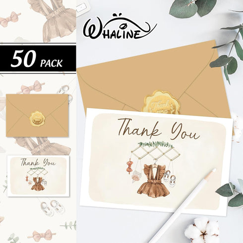 50 Pack Whaline Baby Shower Thank You Cards Boxed Vintage Khaki Cloth Note Card with Envelopes Stickers Greeting Blank