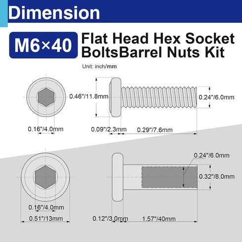 Usdrwam 40 Sets M6 40 mm Barrel Nuts and Bolts, Hex Socket Binding Screws for Furniture, Cabinets, and Cribs Assembly