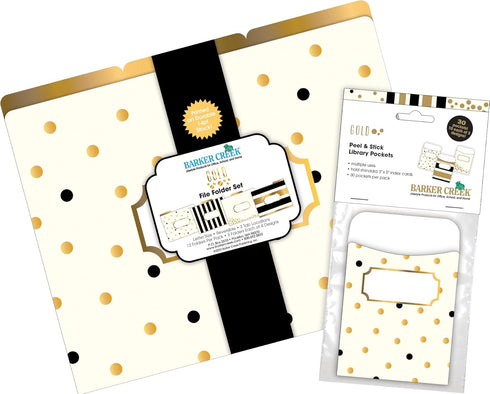 Barker Creek Designer File Folder and Library Pocket Set, Gold, 12 Colorful Folders and 30 Peel & Stick Library Pockets