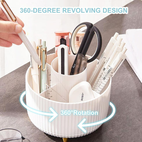 Pencil Holder for Desk, 5 Slots 360° Degree Rotating Organizer for Office, School, Home, Cute Pencil Cup, White