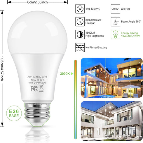 Bulbs, 100 A19 Bulbs, 13W 3000K 1500 Non-Dimmable E26 Bulbs 10-Pack LED Light Watt Equivalent LED Soft White Lumens