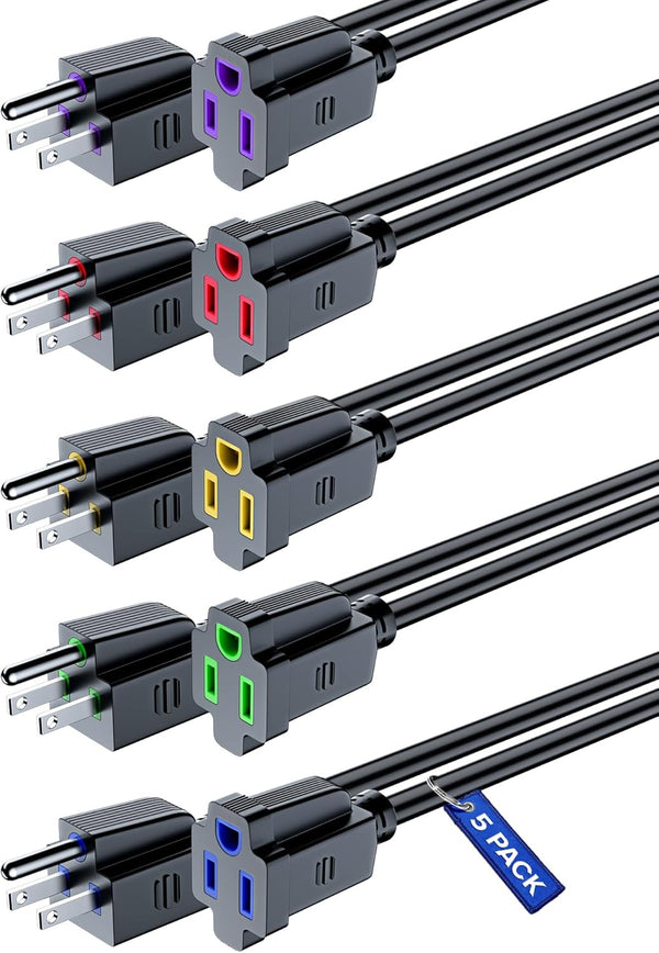 Maximm 6 Inch Black Heavy Duty Short Extension Cord, 3 Prong Indoor Small Extension Cord 0.5ft 16AWG (5 Pack, Black