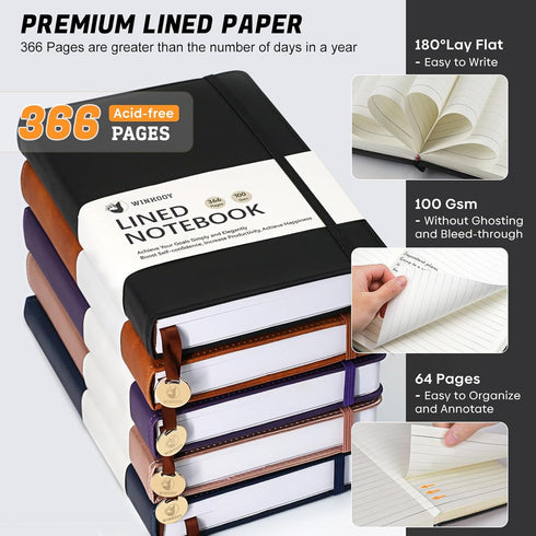 Lined Journal Notebook, 366 Pages, Leather Hardcover Journals for Writing Thick A5 College Ruled Classic Notebook with Pen Loop, 100Gsm Daily Journal for Women Men, 5.75'' X 8.38'', Black