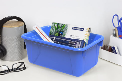 Storex Small Cubby Bins – Plastic Storage Containers for Classroom with Non-Snap Lid, 12.2 x 7.8 x 5.1 inches, Blue,