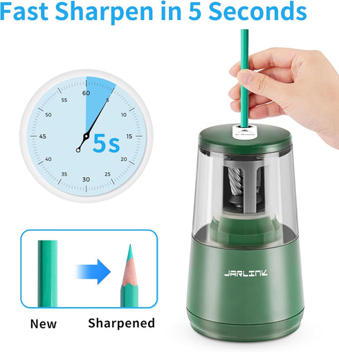 JARLINK Electric Pencil Sharpener, Heavy-Duty Helical Blade to Fast Sharpen, Auto Stop for No.2/Colored Pencils(6-8mm), USB/Battery Operated in School Classroom/Office/Home (Green) by JARLINK