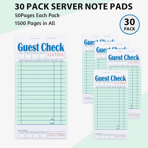 30 Pack Business,1500 Guest Checks for Servers, Server Note Pads Waitress Check Pads with Bottom Receipt, Waitress