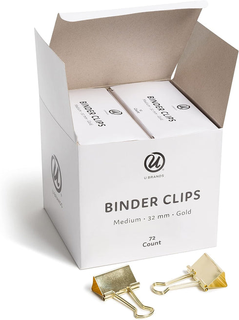 U Brands Medium Binder Clips, 32mm, Gold, 72 Count