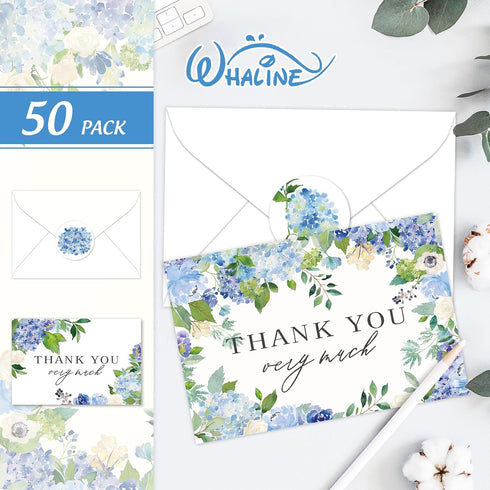 50 Pack Summer Whaline Hydrangea Thank You Cards Bulk Boxed Greeting Card Spring Blue Purple Floral Blank Note Cards