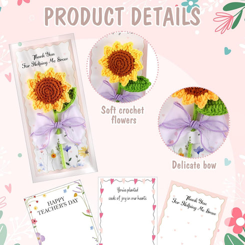 6 Set 5.91" Frienda Teacher Appreciation Gifts Crochet Flowers with Greeting Cards and Bows Knitted Sunflowers Daisy