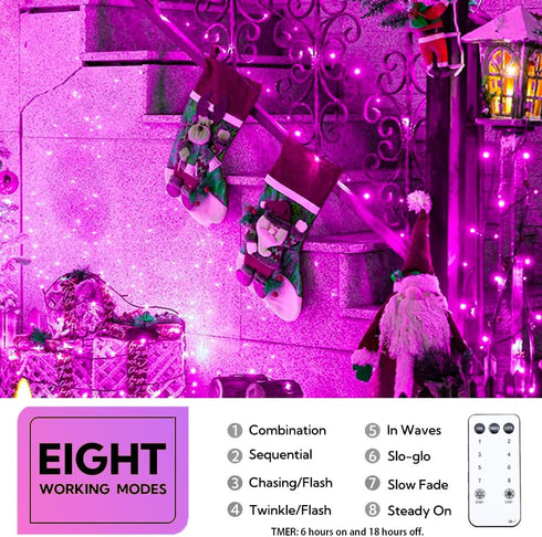 Taoushuleng 66FT 200LED 8 String Lights, Purple Halloween Lighting with Modes, Indoor Outdoor Decorative Fairy Light