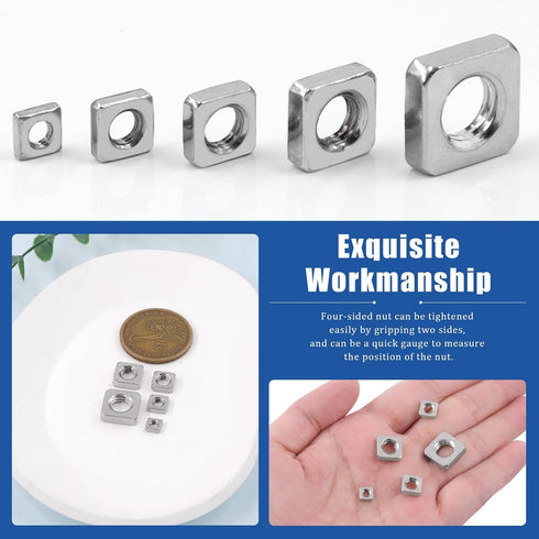 Glarks 90pcs Set M3 M4 M5 M6 M8 304 Square Nut Stainless Steel Square Thin Nut Square Machine Screws Nut Metric Coarse