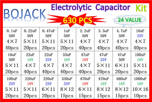 BOJACK 24Value 630pcs Aluminum Electrolytic Capacitor Assortment Box Kit, Range 0.1uF-1000uF
