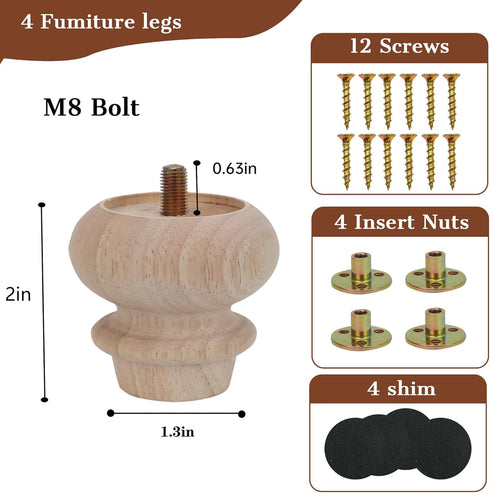 2 Inch Set 4 Wooden Unfinished Bun Feet for Dresser Legs Couch Sofa Cabinet Ottoman DIY Replacement Wood Furniture Legs