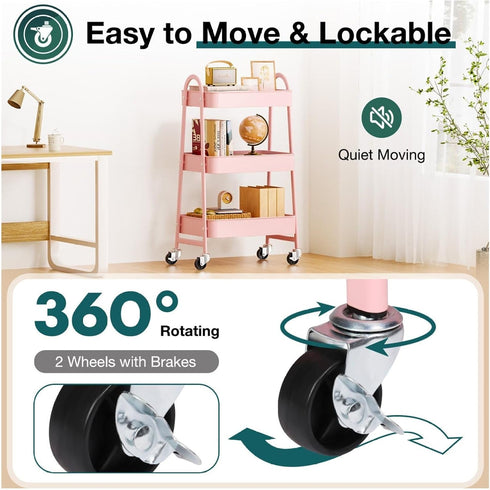 Generic 3 Tier Rolling Cart, Metal Utility Cart with Lockable Wheels - Pink Storage Organizer for Kitchen, Bathroom
