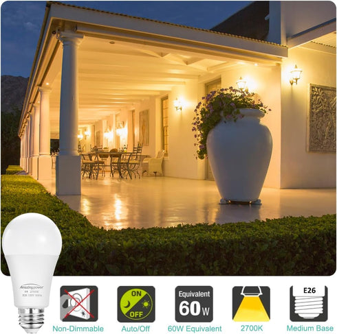 Dusk to Dawn E26 LED Bulbs, 9W (60W Equivalent), 825LM, 2700K Soft White, Auto On/Off, 4-Pack for Outdoor Lighting