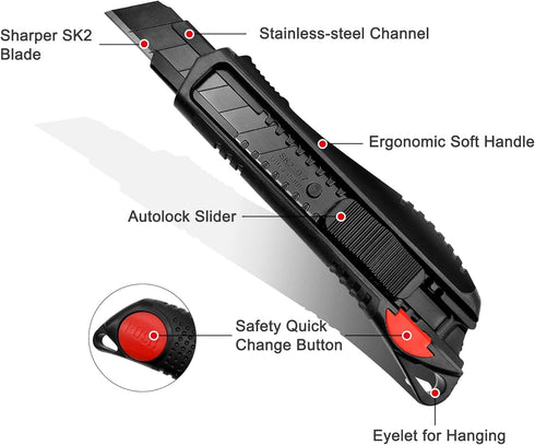 HAUTMEC 18mm Utility Knife Box Cutter, Safety Quick Change Button, Snap off Black SK2 Ultra Sharp Blade
