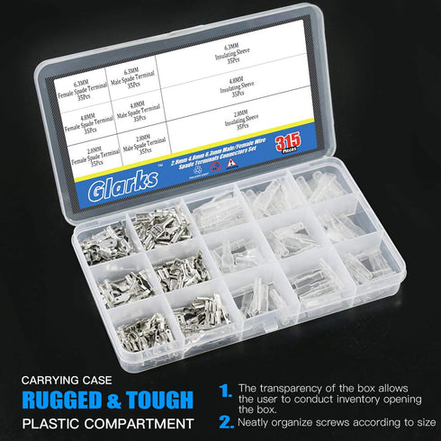Glarks 315Pcs Quick Splice Male and Female Wire Spade Connector Assortment Kit with Insulating Sleeve